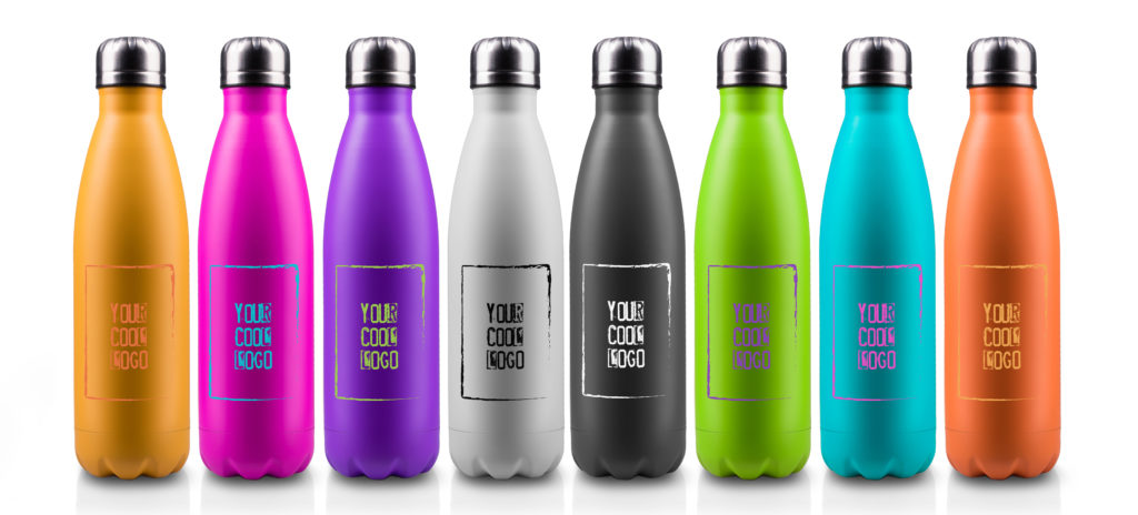 Colorful thermo bottles for water, isolated on white background.